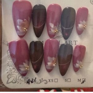 Press On Nails Floral‎ Almond Brown Pink Manicure Set Women's Medium